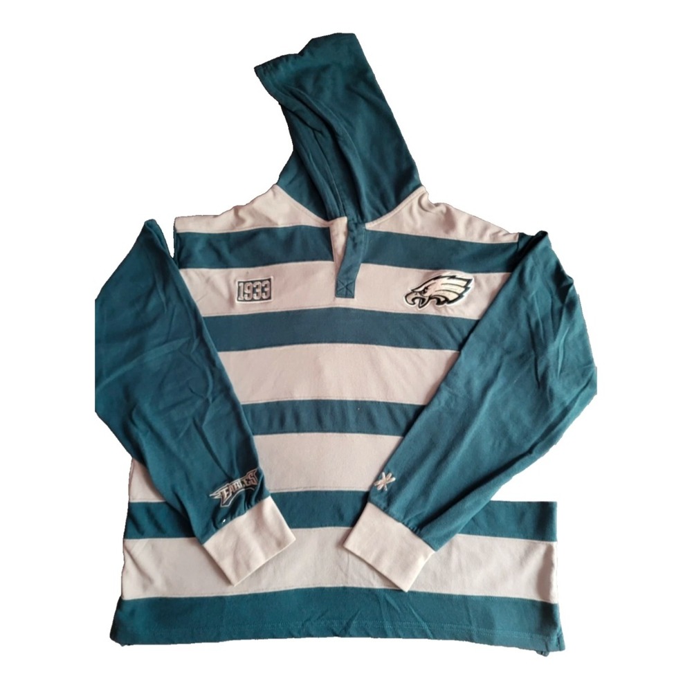 NFL Team Apparel Philadelphia Eagles‎ Rugby Hoodie Mens XL Green Grey Striped
